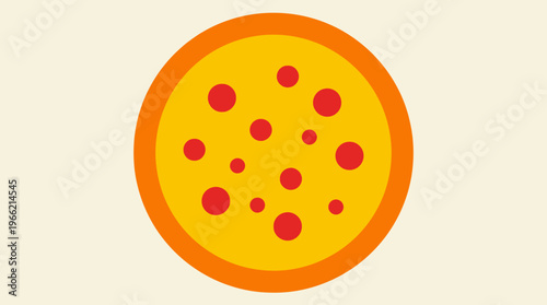 Flat design illustration of a whole pepperoni pizza with a golden crust and red toppings on a light background, viewed from above.