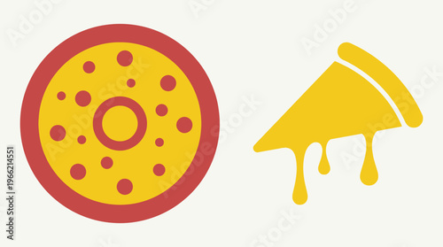 Stylized vector illustration featuring a whole round pizza with toppings and a separate dripping cheese pizza slice on a light background.
