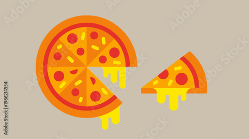 Stylized illustration of a whole pizza with one slice removed, featuring melting cheese and pepperoni toppings on a plain background.