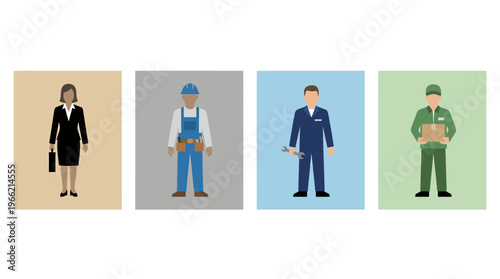 Four diverse professional figures including a businesswoman, construction worker, mechanic, and delivery person, representing various occupations.