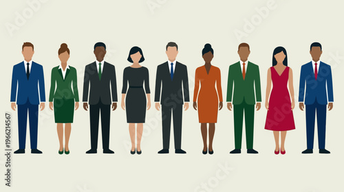 A diverse group of business professionals, men and women, standing in a row, representing various ethnicities and genders in corporate attire.