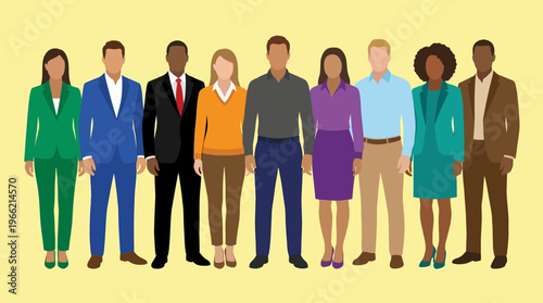 A diverse group of ten professional people standing together, representing various ethnicities and genders in business attire.