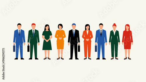 A diverse group of professional business people standing in a row, representing a corporate team or workforce.