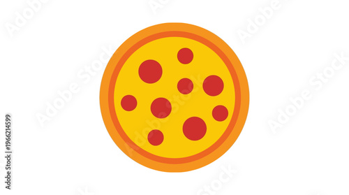 Simple flat vector illustration of a whole pepperoni pizza with a golden crust and red toppings on a yellow cheese base, viewed from above.
