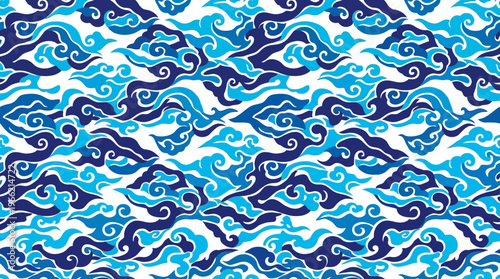 Traditional Indonesian batik pattern featuring stylized blue and dark blue clouds on a white background, resembling the Mega Mendung motif.