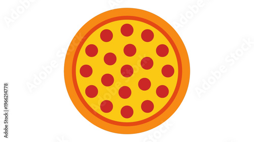 A simple, flat-design illustration of a whole pepperoni pizza with a golden crust and red toppings on a yellow base.