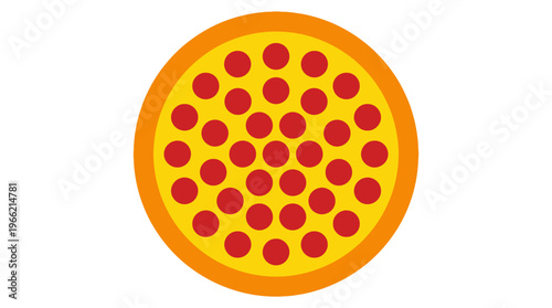 A top-down view of a cartoon-style round pizza with a golden base, orange crust, and many red pepperoni toppings.