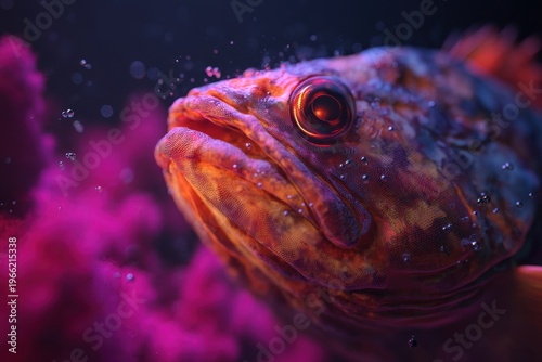 Primo piano di un pesce con occhi luminosi immerso in acqua scura con fumo viola vibrante.