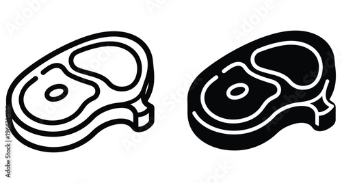 Raw beef steak meat icon set with outline and solid black styles for restaurant menu butcher shop and cooking design