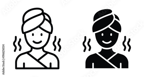 Woman in spa with towel on head and robe icon set for wellness sauna massage and beauty treatment services health care relaxation skin care facial therapy