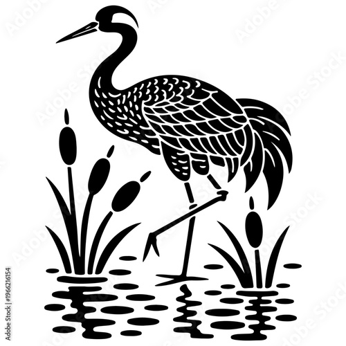 Elegant black crane vector illustration, a graceful wading bird in a serene pond with cattails. Stylized heron or stork, perfect for nature-themed designs, logos, or decorative elements.