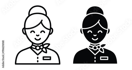 Flight attendant stewardess cabin crew woman icon set in outline and solid black style for airline travel service web design