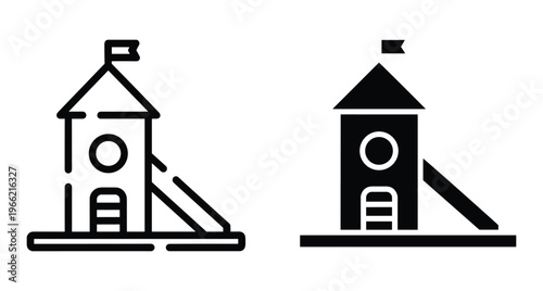 Playground slide tower icon set with ladder and flag for park recreation area design elements in outline and solid styles