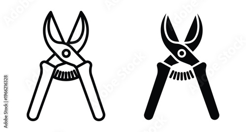 Garden pruners secateurs icon set with outline and solid silhouette styles for landscaping horticulture gardening tools equipment maintenance and pruning