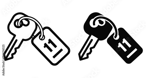 Hotel room key with number eleven tag icon set in outline and solid black style for travel and accommodation industry