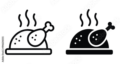 Roasted chicken icon set featuring line and solid styles of cooked poultry on a platter with steam for food menus design