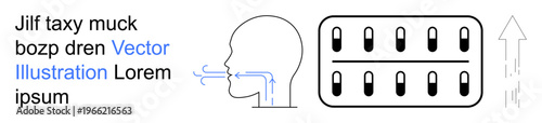 Healthcare, respiratory care, medicine, pharmaceuticals, airflow dynamics, treatment methods. Human silhouette with airflow arrows, medicine capsules upward arrow. Respiratory care and medicine