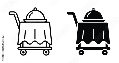 Hotel room service food trolley icon set with cloche cover and tablecloth for restaurant catering hospitality delivery service symbols