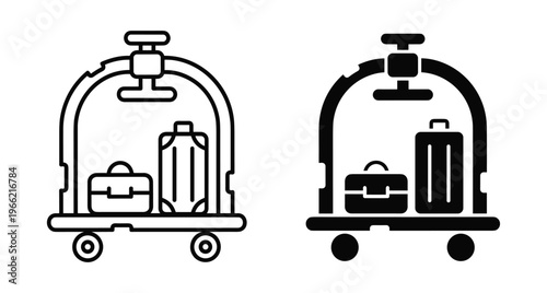 Hotel luggage cart icon set with suitcases for travel and hospitality services including bellman trolley and baggage handling equipment