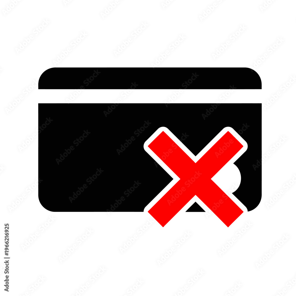 Obraz premium Vector graphic of a credit card with a red X marked through it on white