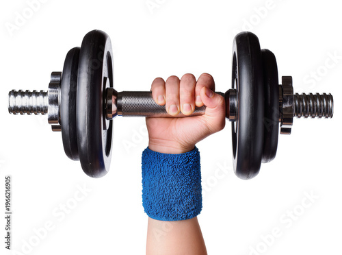 Isolated human hand holding a heavy metal dumbbell with black weights and blue wristband