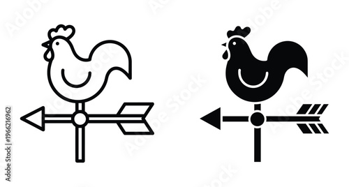 Rooster weather vane icon set showing wind direction with arrow in outline and solid black silhouette styles for farm design