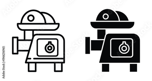 Meat grinder icon set with outline and solid versions for kitchen appliance design food preparation equipment and butchery tool symbols