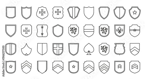 A diverse collection of shield emblems and heraldic crests, showcasing various designs for identification and protection