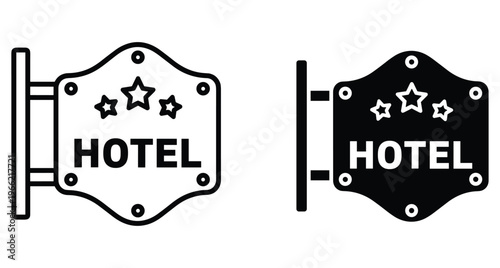 Hotel sign icon set with three stars hanging on wall bracket for accommodation lodging travel tourism hospitality service business branding