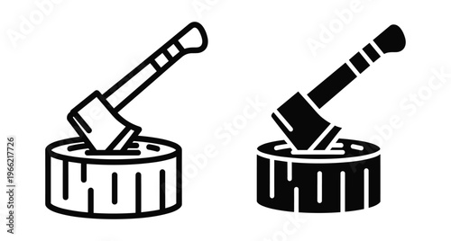 Axe stuck in wood stump icon set for camping woodworking lumberjack equipment forest work tool symbol outline and solid style