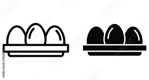 Three eggs in a tray icon set featuring outline and solid black silhouette styles for food cooking and kitchen design