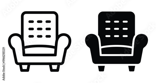 Armchair icon set featuring outline and solid glyph styles for interior design furniture symbols home decor and living room seating