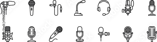 microphone and audio recording line icon set with studio mic headset podcast voice and broadcast equipment symbols isolated on transparent background