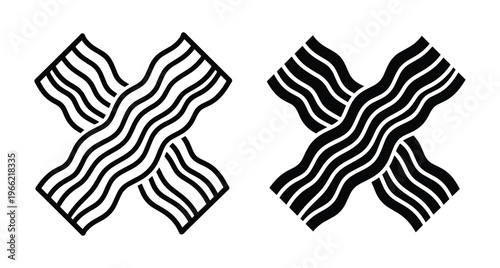 Crossed bacon strips icon set featuring outline and solid black styles for breakfast food menu design and meat product branding
