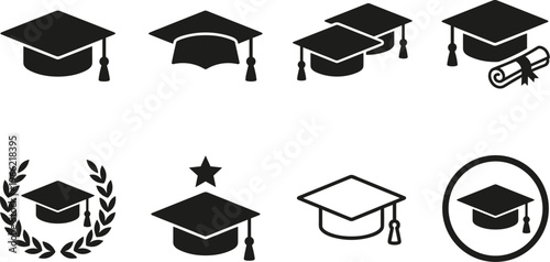 graduation cap mortarboard icon set with diploma certificate academic achievement and university education symbols isolated on transparent background