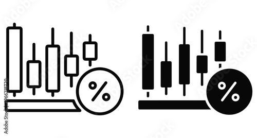 Candlestick chart icon set showing stock market trading data with percentage symbol for financial analysis investment and business growth tracking