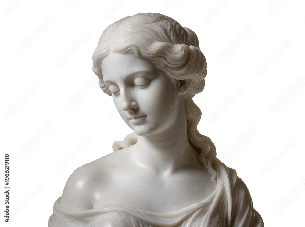 Obraz premium Isolated white marble bust of classical woman with draped garment looking down