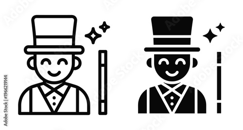 Magician icon set featuring a man wearing a top hat and tuxedo with a magic wand and sparkles in outline and solid styles