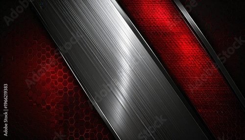 Sfondo astratto moderno con pannelli metallici spazzolati grigi e texture esagonali rosse.