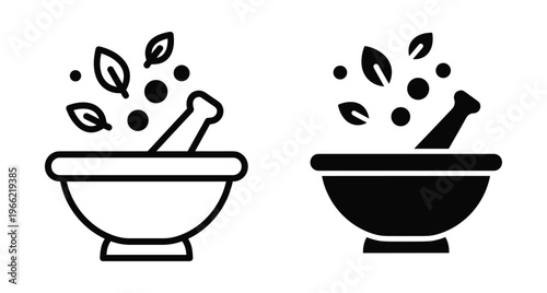 Mortar and pestle icon set with herbal leaves and spice seeds for cooking pharmacy medicine laboratory grinding crushing organic ingredients