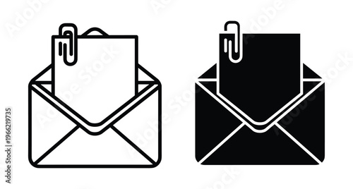 Open envelope icon set with paper and paperclip representing email attachment message communication business correspondence mail document file digital notification