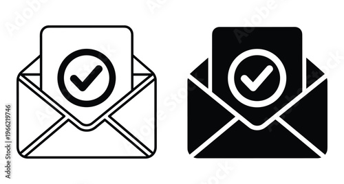 Envelope with checkmark icon representing mail confirmation verified message notification approved document in open envelope digital communication success and delivery