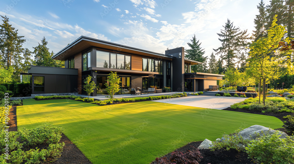 Fototapeta premium A modern house surrounded by lush greenery, showcasing contemporary architectural design and serene landscaping.