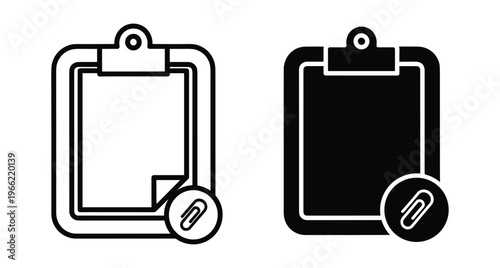 Clipboard icon set with paperclip attachment symbol for office document management task list report and business project planning organization system