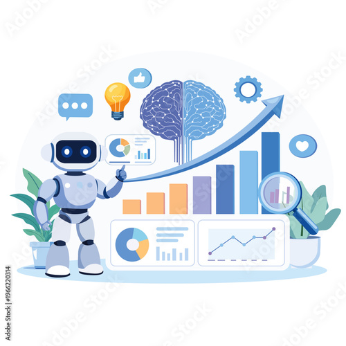 AI data analysis and business growth concept, robot assistant with dashboard charts, flat vector illustration