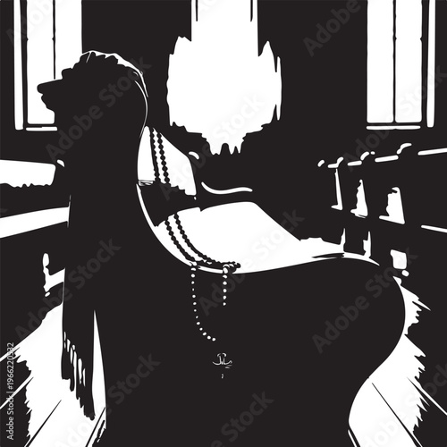 Silhouette of praying woman with rosary beads in dark room.