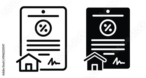 Mortgage loan agreement document icon set with house symbol percentage sign and signature for real estate finance property investment banking
