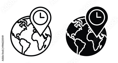 World time zone icon set featuring earth globe with map pin and clock symbol for international business scheduling and travel