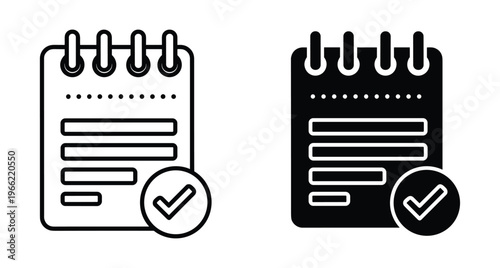 notepad icon with checkmark symbol representing completed tasks to do list management document verification success mark and business organization