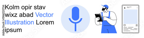 Voice recognition, digital assistance, mobile apps, technology setup, tech support, communication tools. Microphone icon, technician with tablet and smartphone interface. Voice recognition